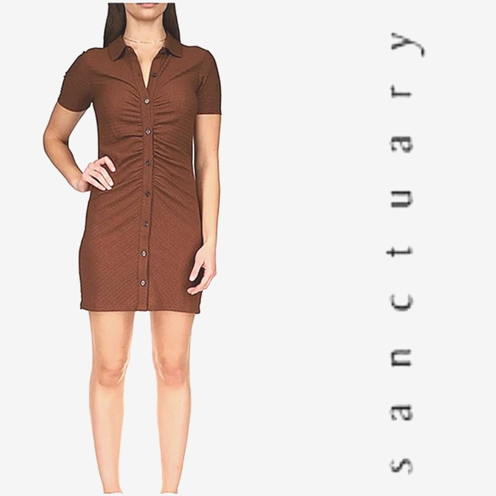 Sanctuary Ruched Button Front Short Sleeve Mini Dress